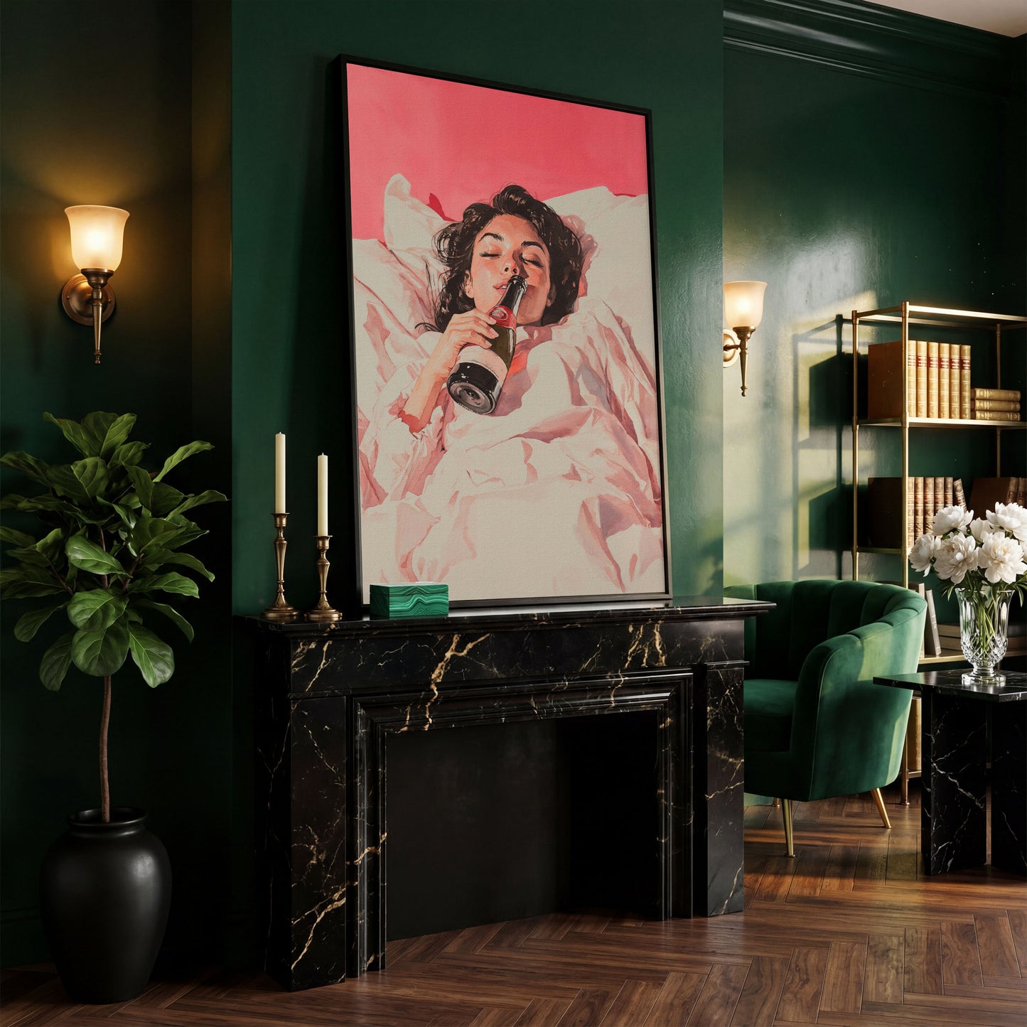 Elegant Woman with Champagne Canvas Print in black floating frame