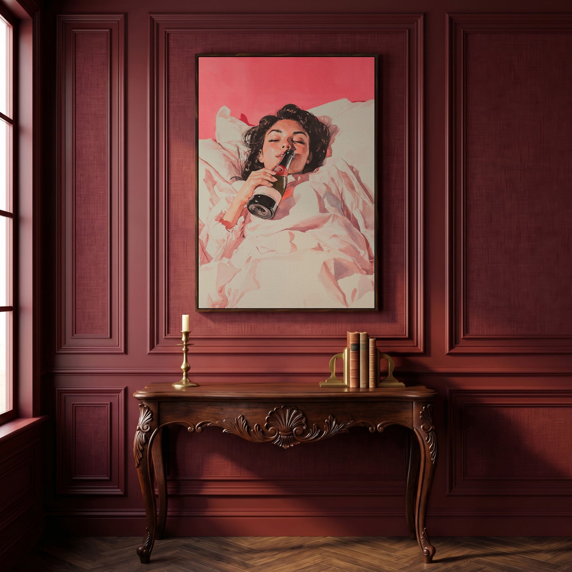 Elegant Woman with Champagne Canvas Print in dark walnut floating frame