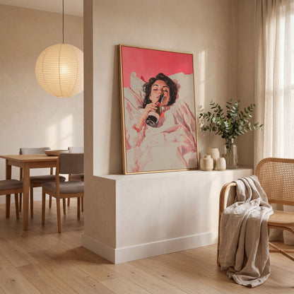 Elegant Woman with Champagne Canvas Print in white oak floating frame