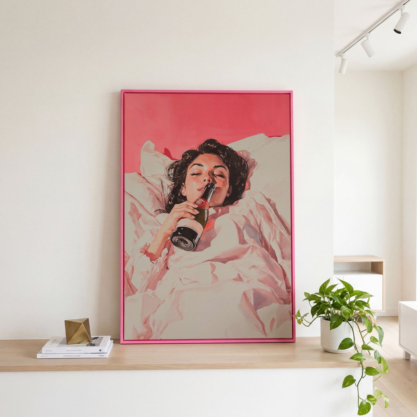 Elegant Woman with Champagne Canvas Print in pink floating frame