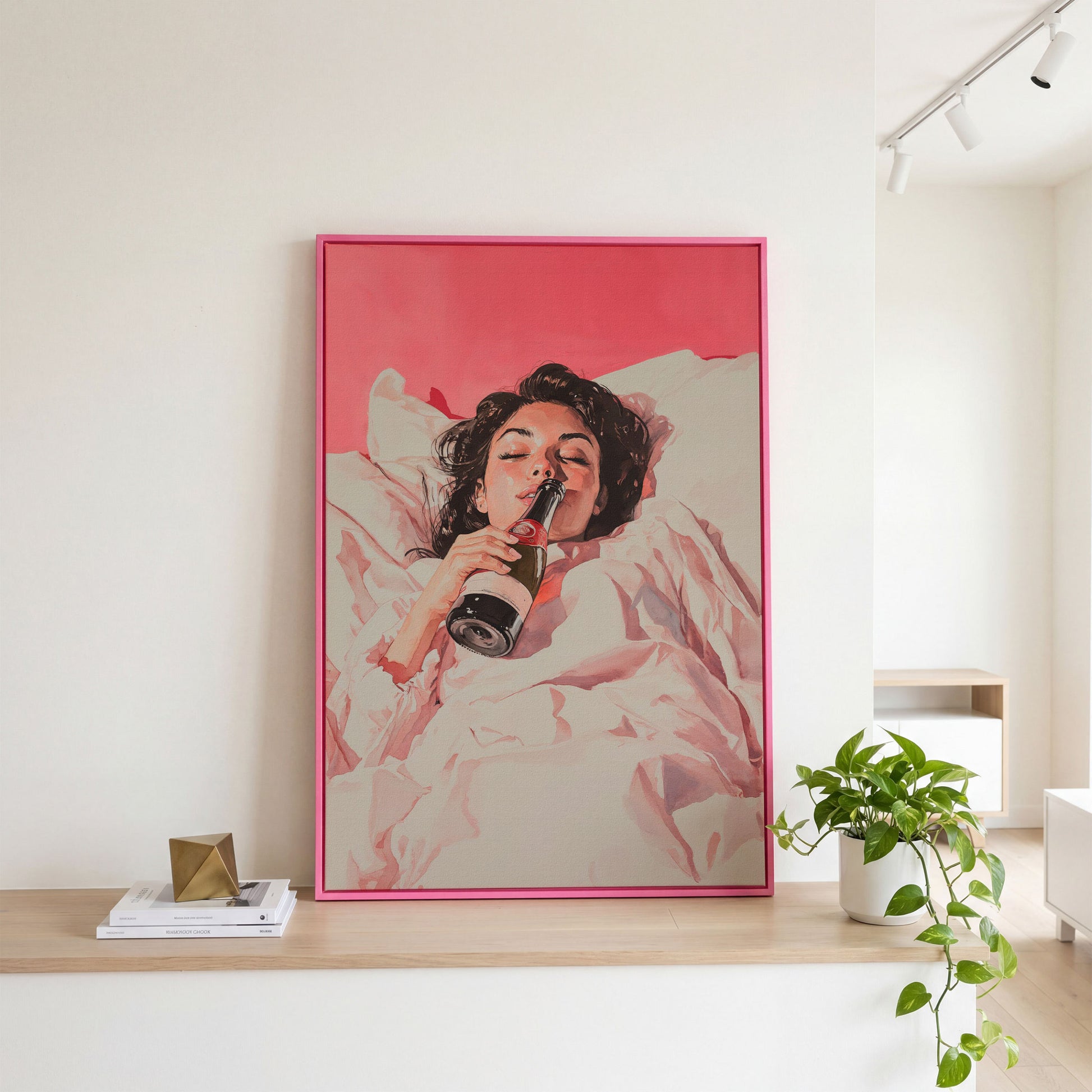 Elegant Woman with Champagne Canvas Print in pink floating frame
