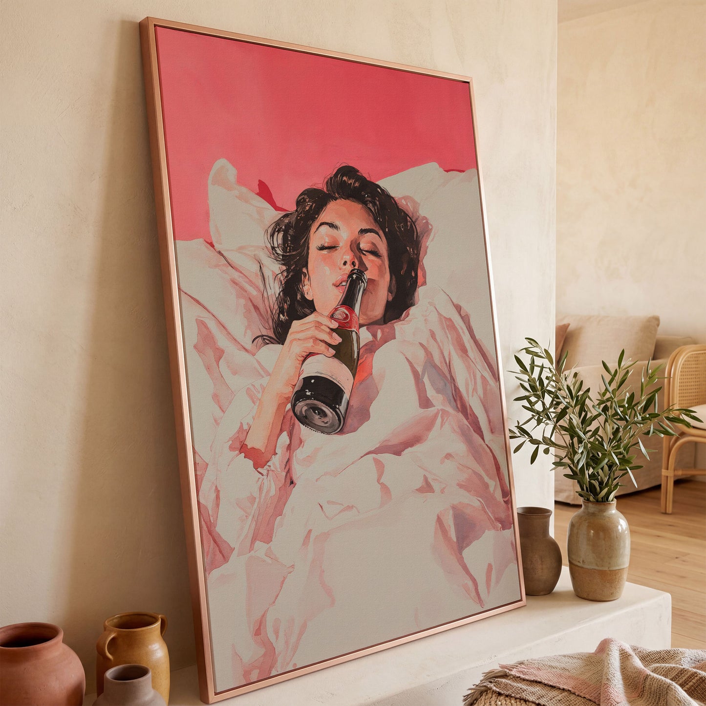 Elegant Woman with Champagne Canvas Print in rose gold floating frame