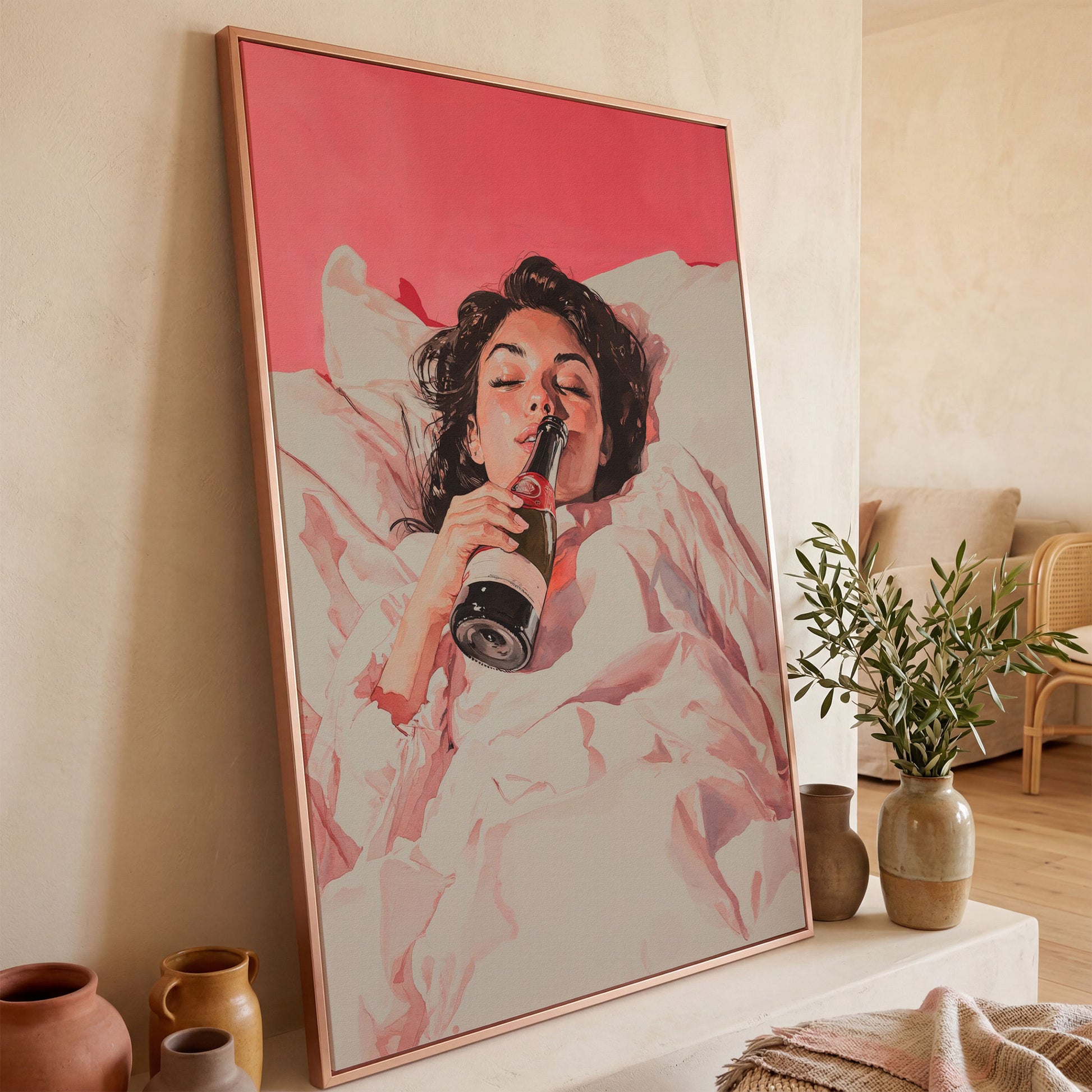 Elegant Woman with Champagne Canvas Print in rose gold floating frame