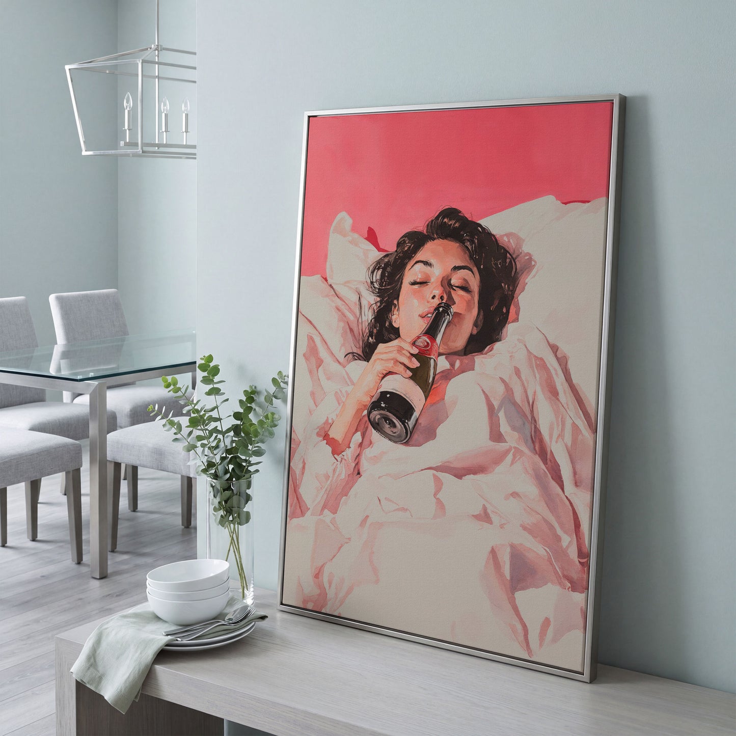 Elegant Woman with Champagne Canvas Print in silver floating frame