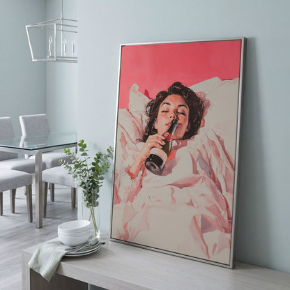 Elegant Woman with Champagne Canvas Print in silver floating frame