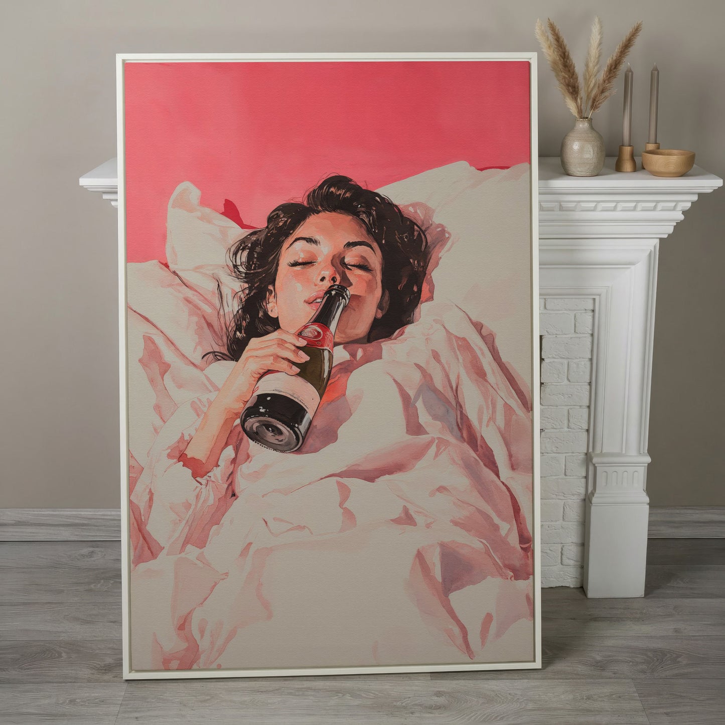 Elegant Woman with Champagne Canvas Print in white floating frame