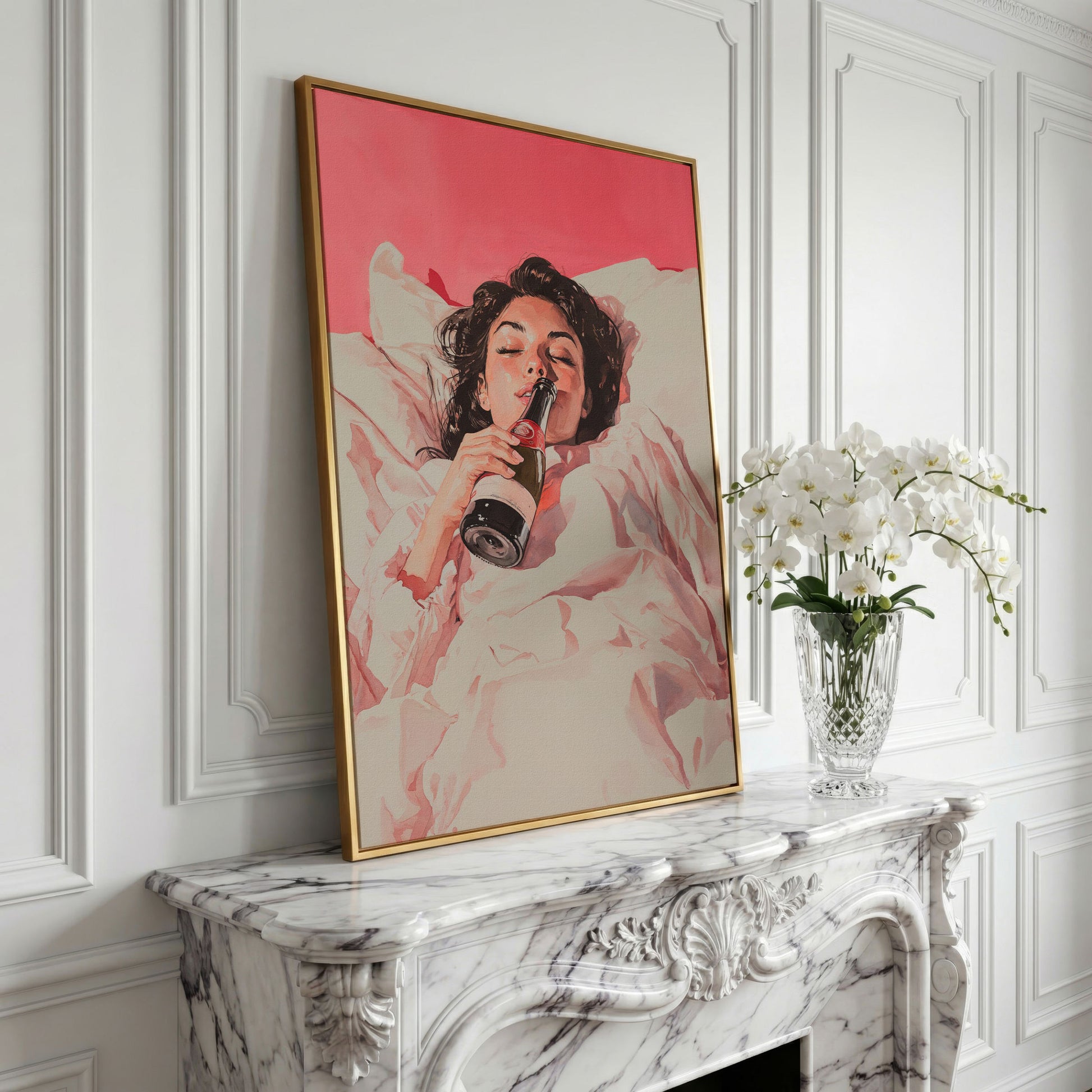 Elegant Woman with Champagne Canvas Print in yellow gold floating frame