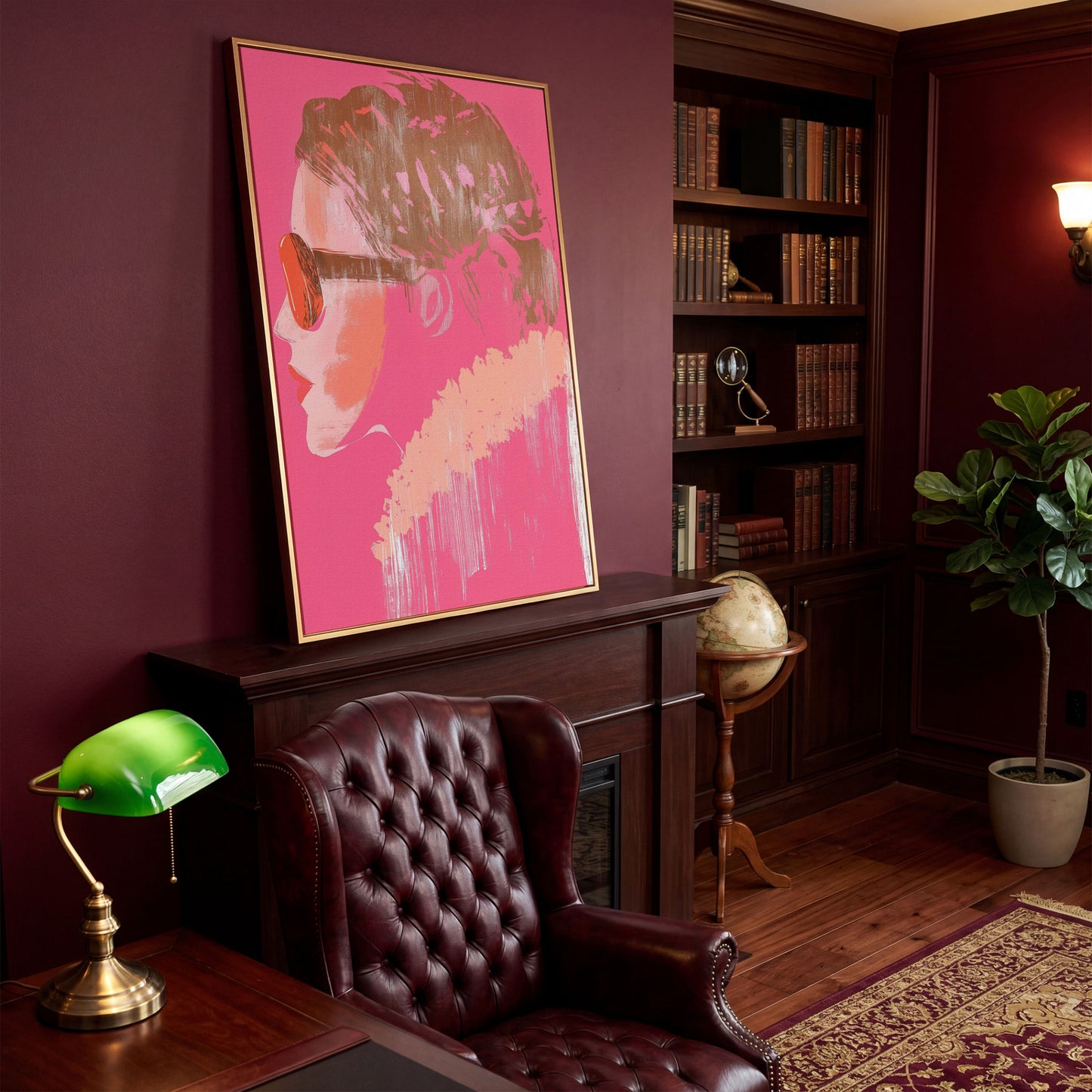 Woman in Sunglasses Pink Abstract Canvas in antique gold floating frame