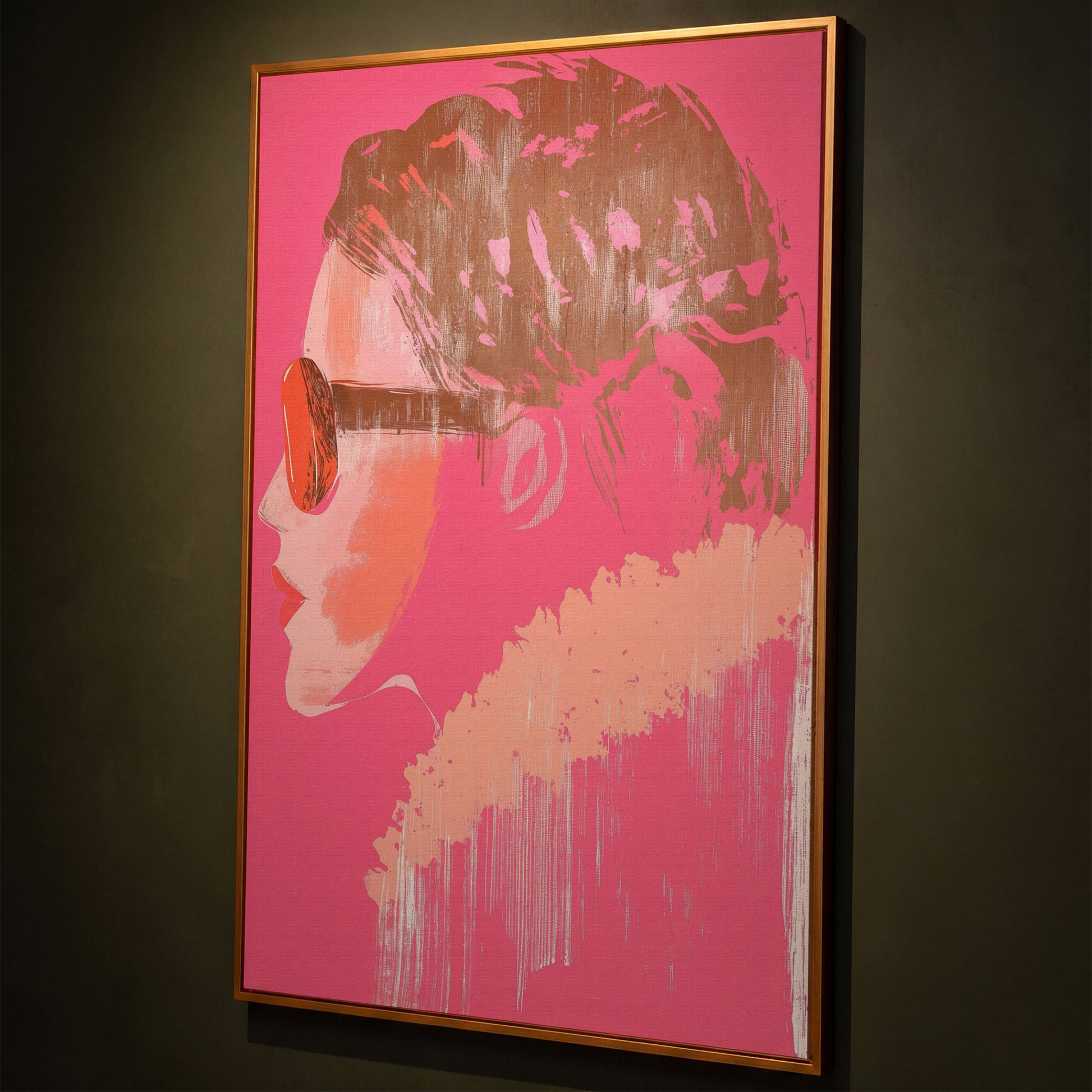 Woman in Sunglasses Pink Abstract Canvas shown in antique gold floating frame