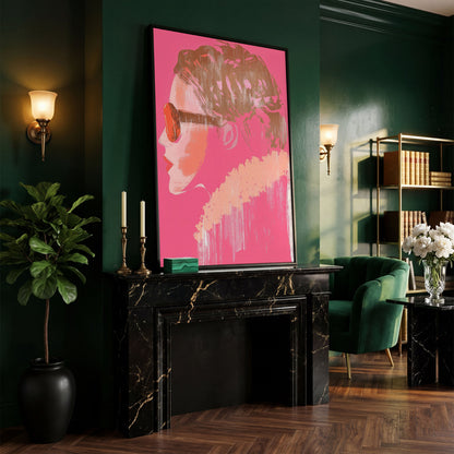 Woman in Sunglasses Pink Abstract Canvas in black floating frame