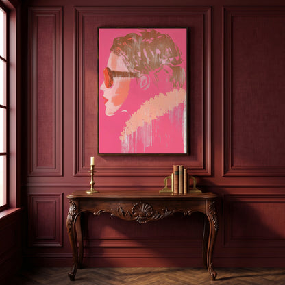 Woman in Sunglasses Pink Abstract Canvas in dark walnut floating frame
