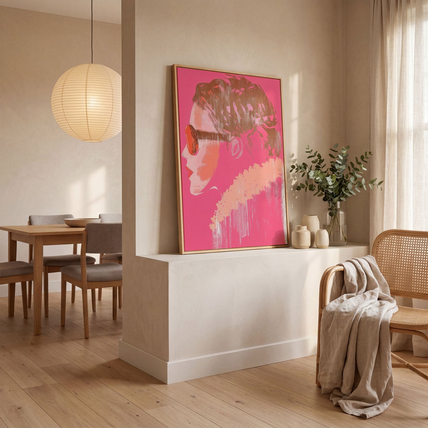 Woman in Sunglasses Pink Abstract Canvas in white oak floating frame