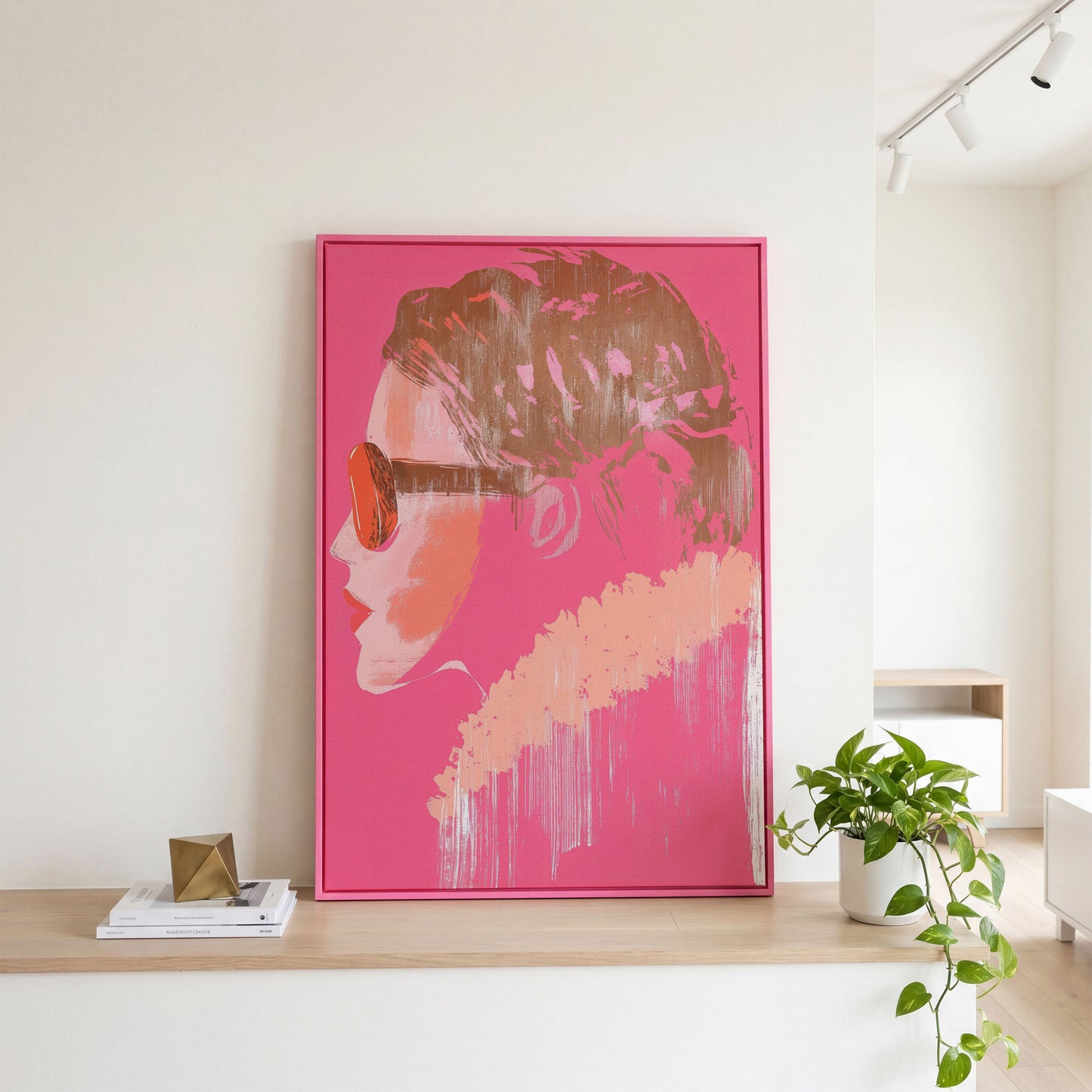 Woman in Sunglasses Pink Abstract Canvas in pink floating frame