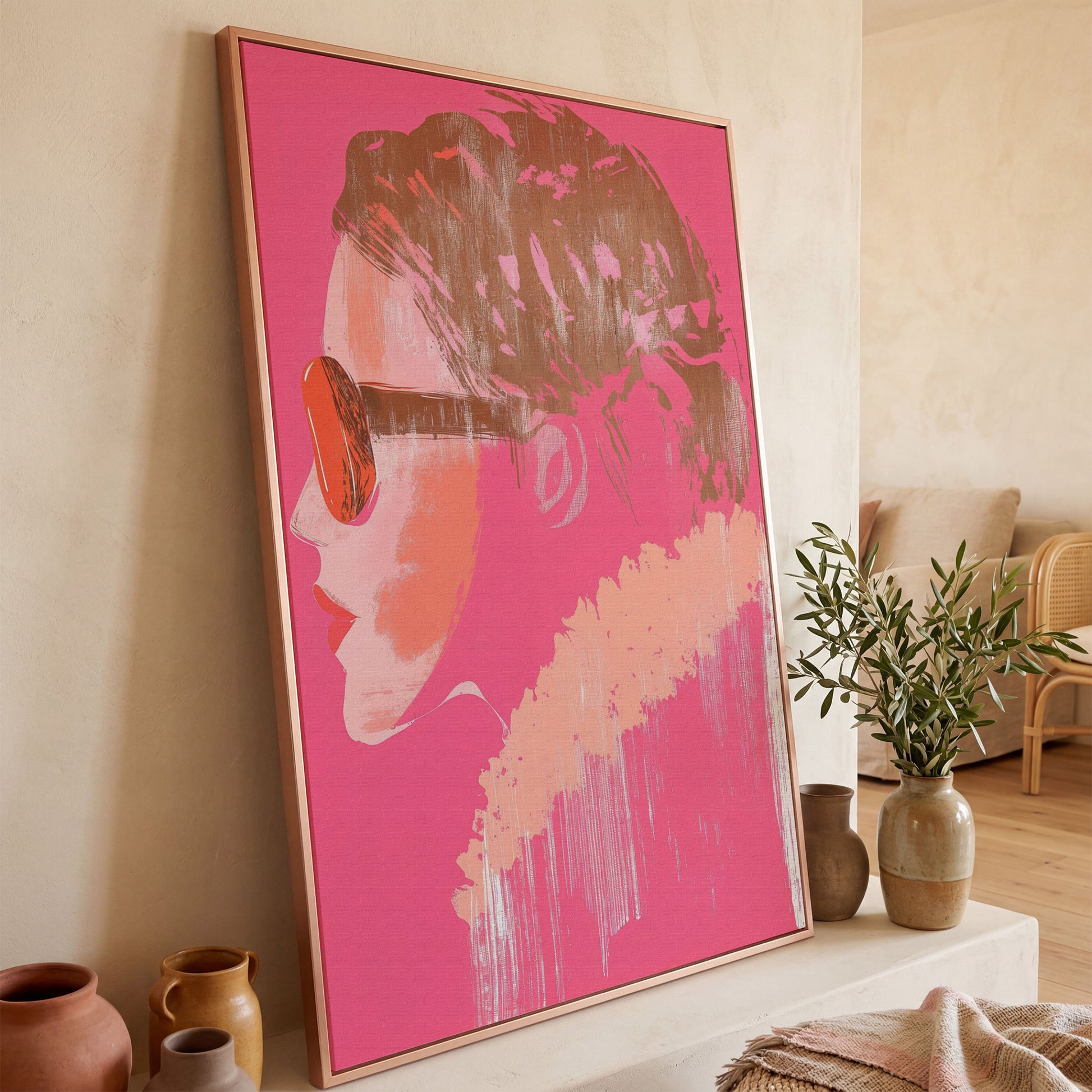 Woman in Sunglasses Pink Abstract Canvas in rose gold floating frame