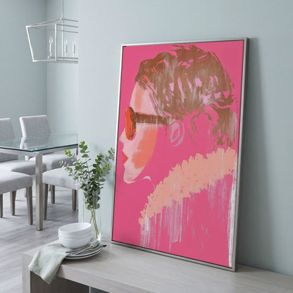 Woman in Sunglasses Pink Abstract Canvas in silver floating frame