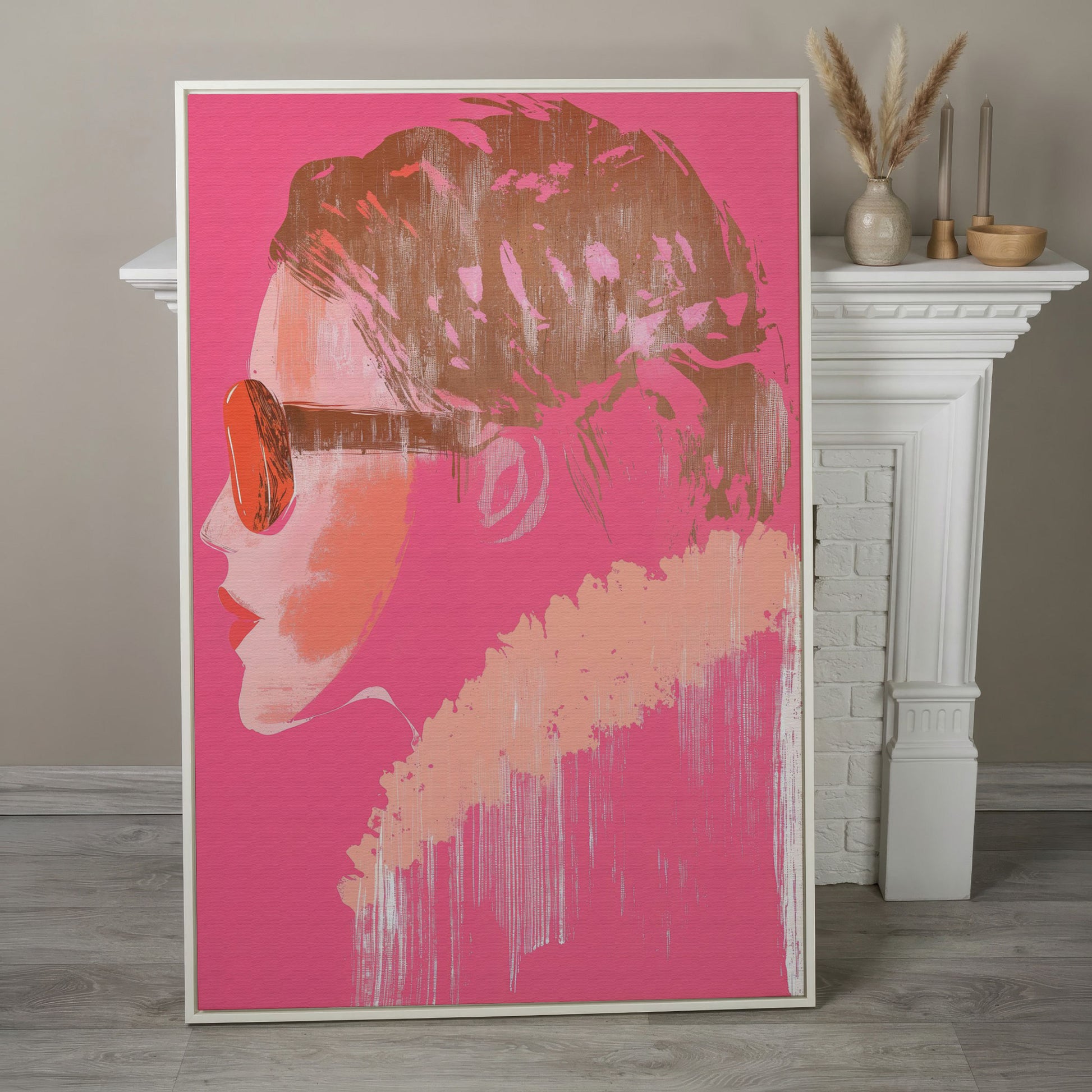 Woman in Sunglasses Pink Abstract Canvas in white floating frame
