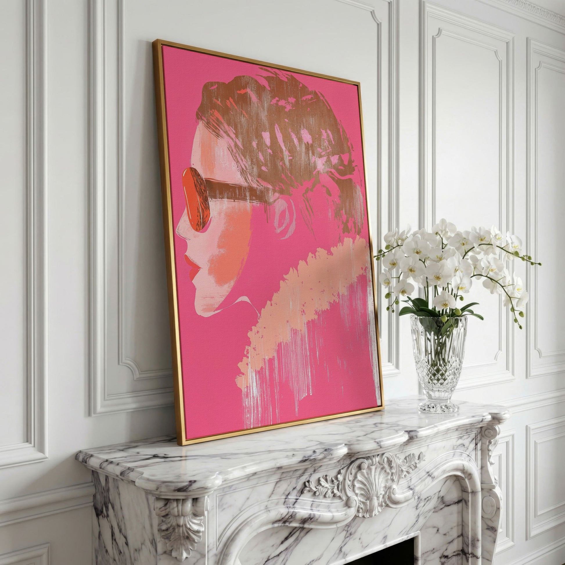 Woman in Sunglasses Pink Abstract Canvas in yellow gold floating frame