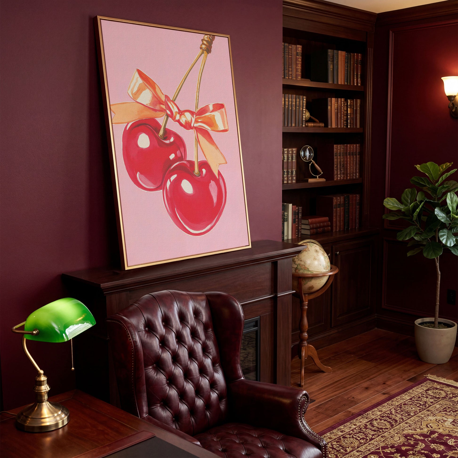 Retro Cherry Canvas with Vintage Bow in antique gold floating frame