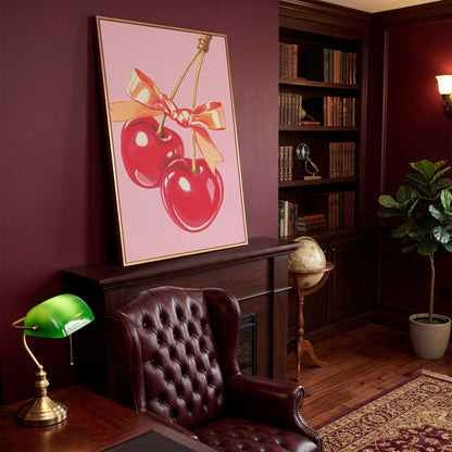 Retro Cherry Canvas with Vintage Bow in antique gold floating frame
