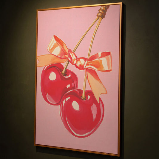 Retro Cherry Canvas with Vintage Bow shown in antique gold floating frame