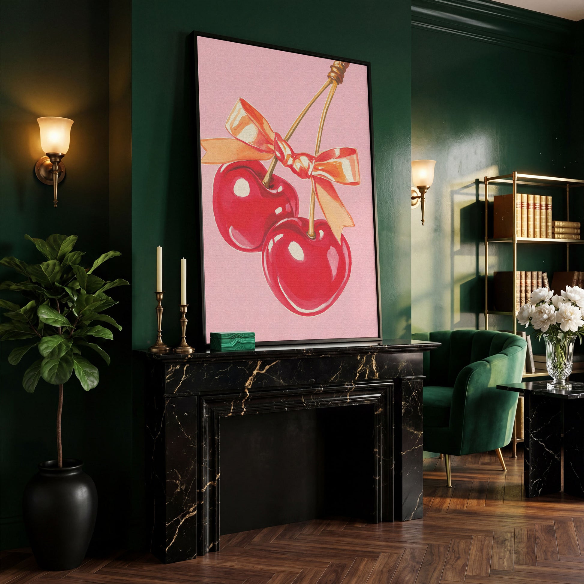 Retro Cherry Canvas with Vintage Bow in black floating frame