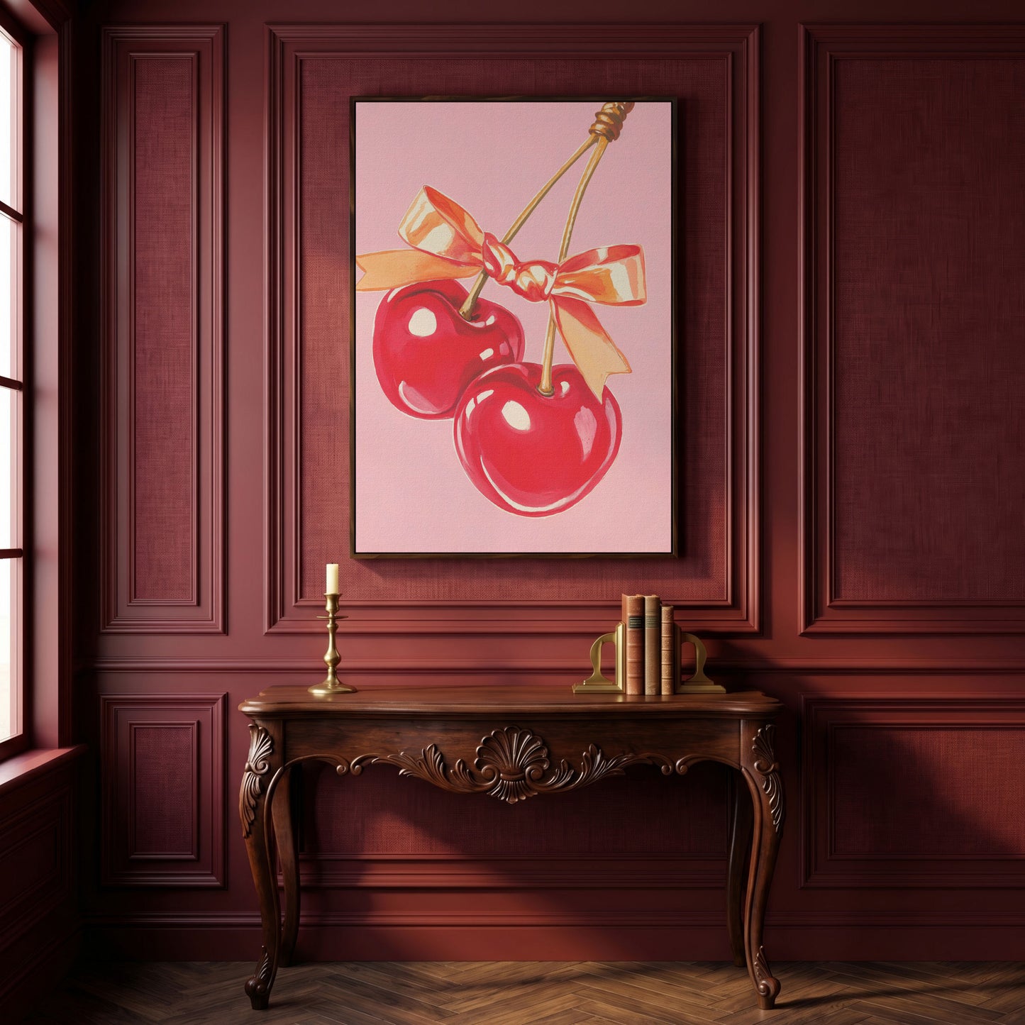 Retro Cherry Canvas with Vintage Bow in dark walnut floating frame