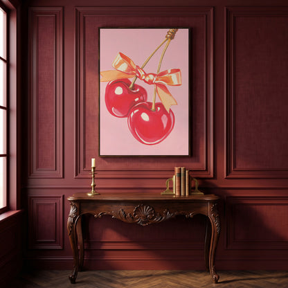 Retro Cherry Canvas with Vintage Bow in dark walnut floating frame
