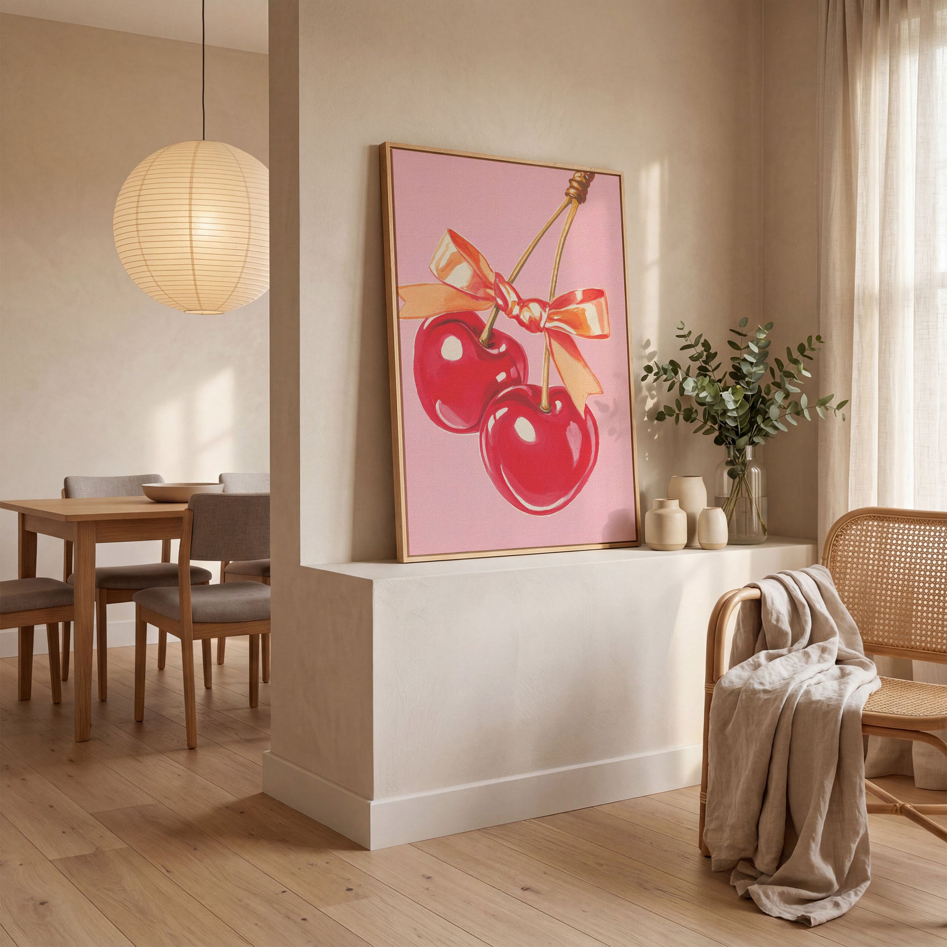Retro Cherry Canvas with Vintage Bow in white oak floating frame