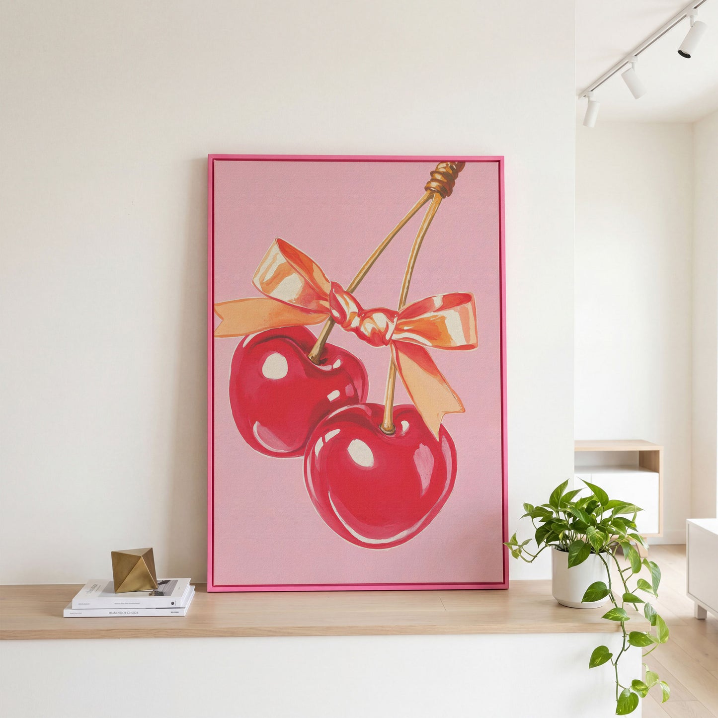 Retro Cherry Canvas with Vintage Bow in pink floating frame