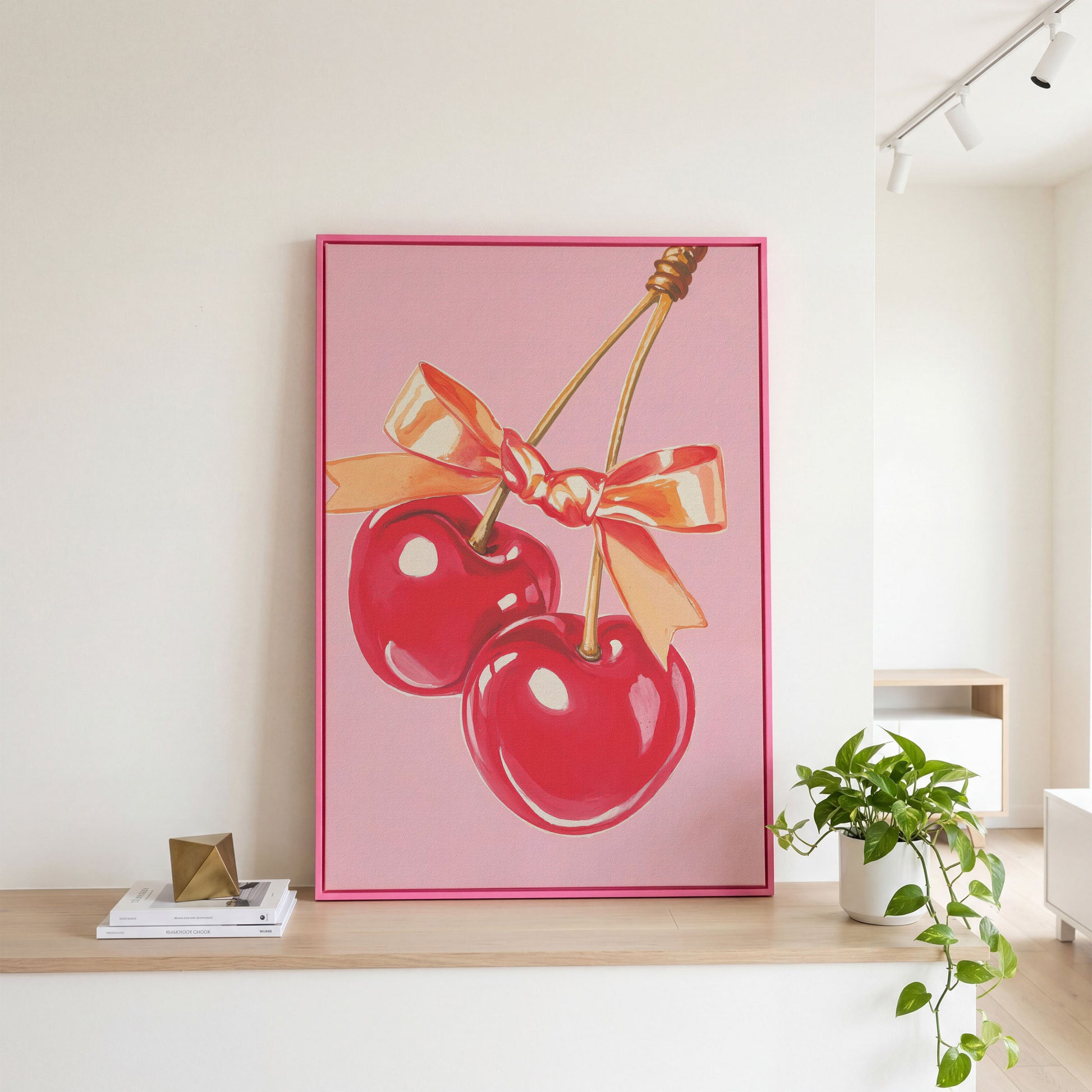Retro Cherry Canvas with Vintage Bow in pink floating frame