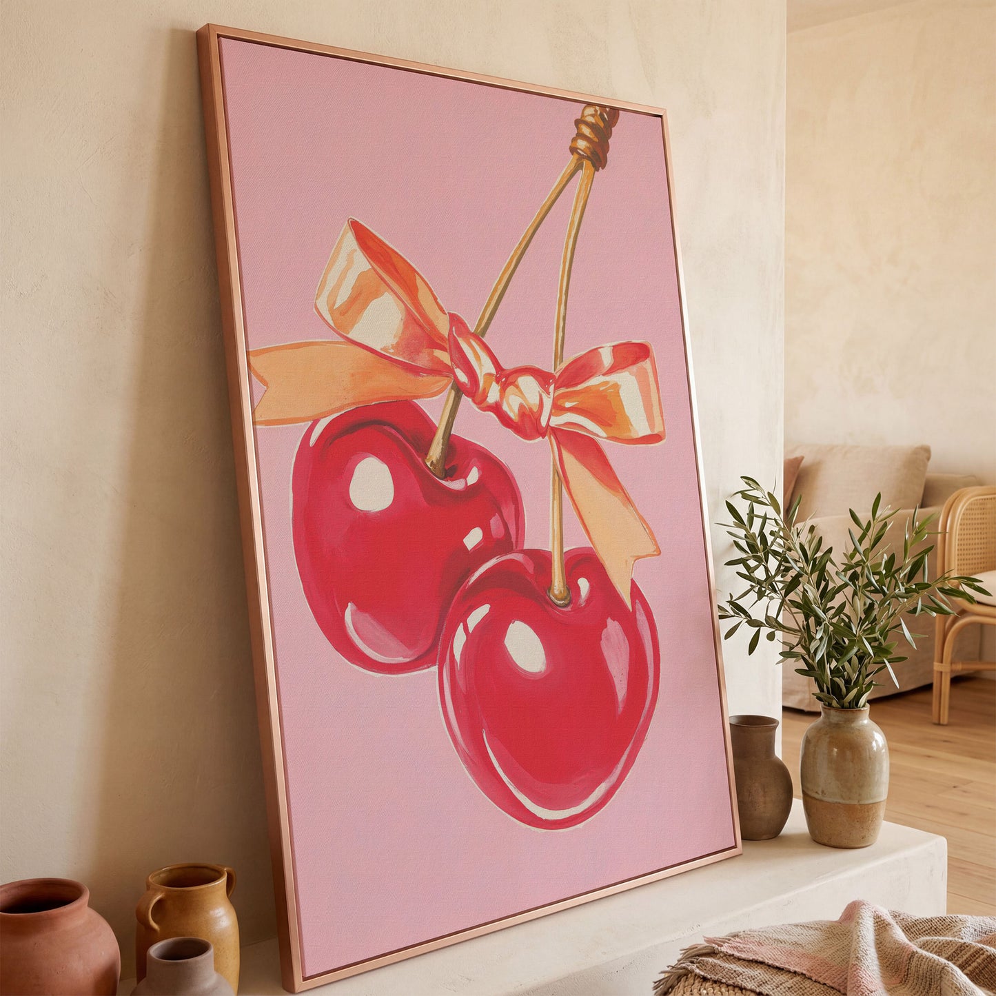 Retro Cherry Canvas with Vintage Bow in rose gold floating frame