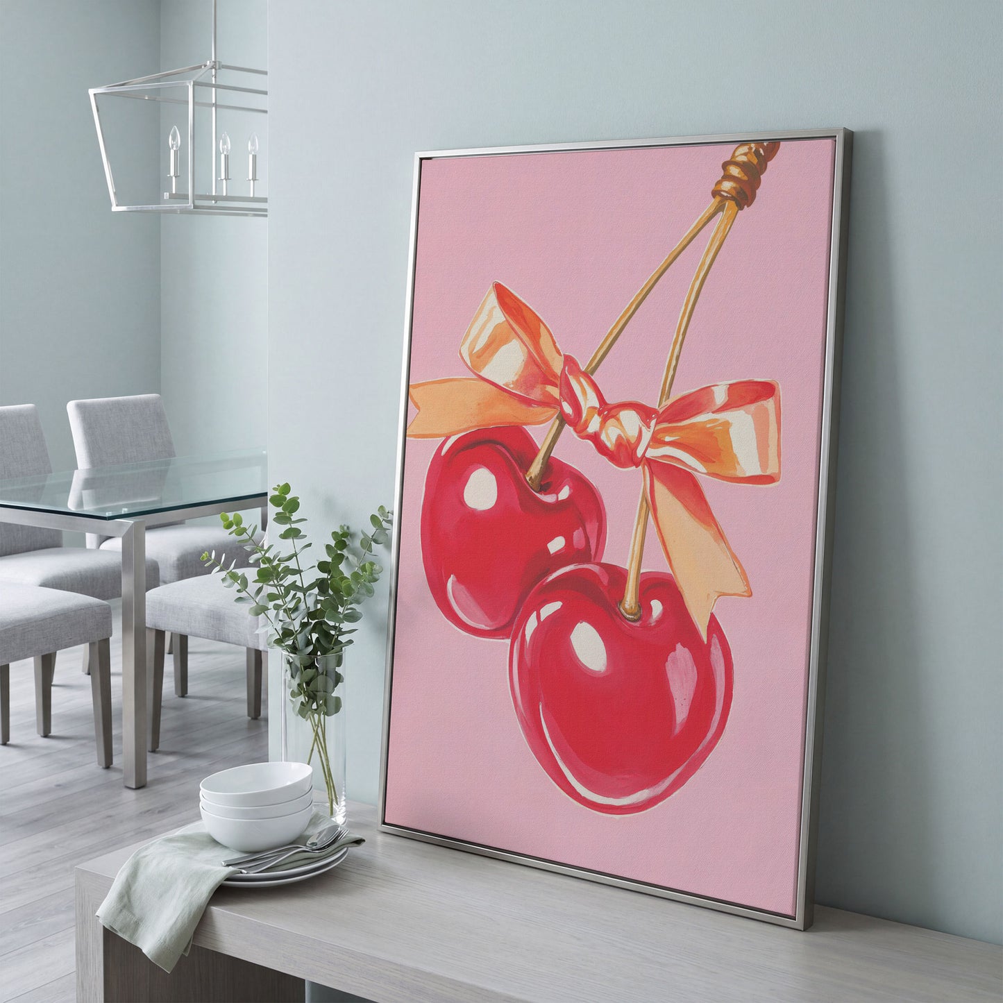 Retro Cherry Canvas with Vintage Bow in silver floating frame