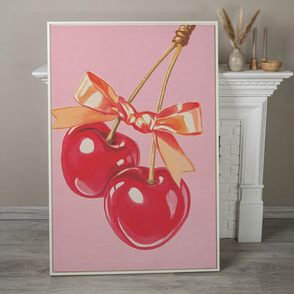 Retro Cherry Canvas with Vintage Bow in white floating frame