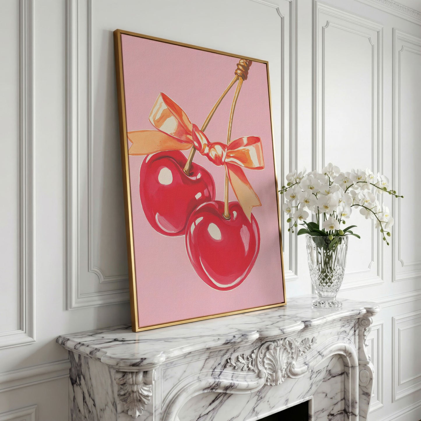 Retro Cherry Canvas with Vintage Bow in yellow gold floating frame