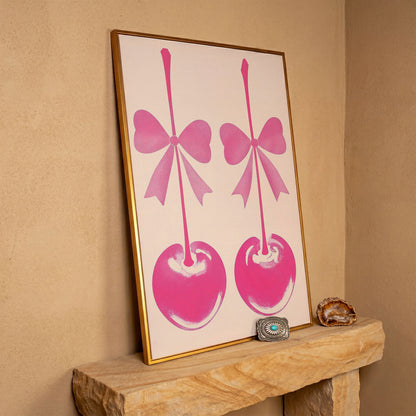 Pink Cherry with Bows Canvas Art in antique gold floating frame