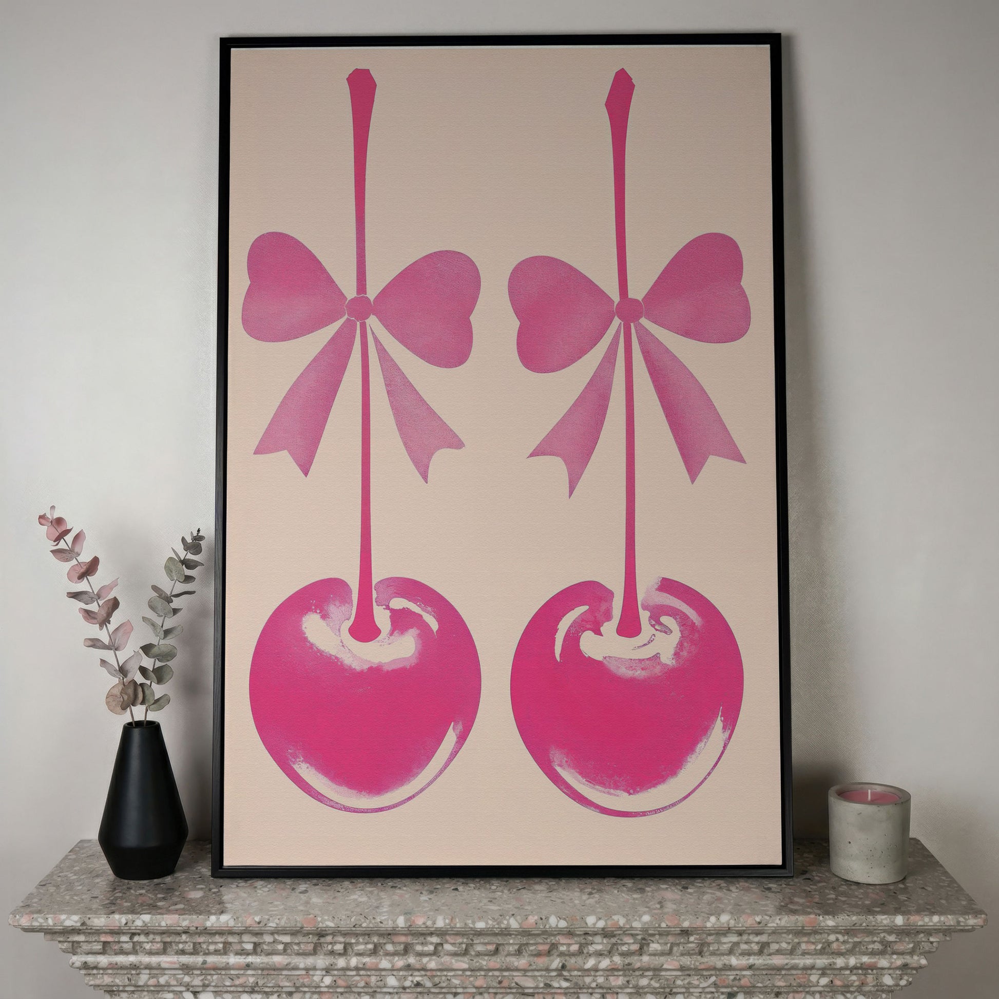 Pink Cherry with Bows Canvas Art in black floating frame