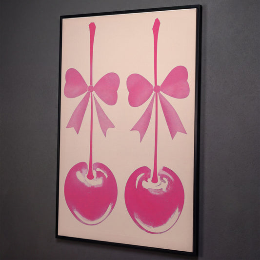 Pink Cherry with Bows Canvas Art shown in black floating frame