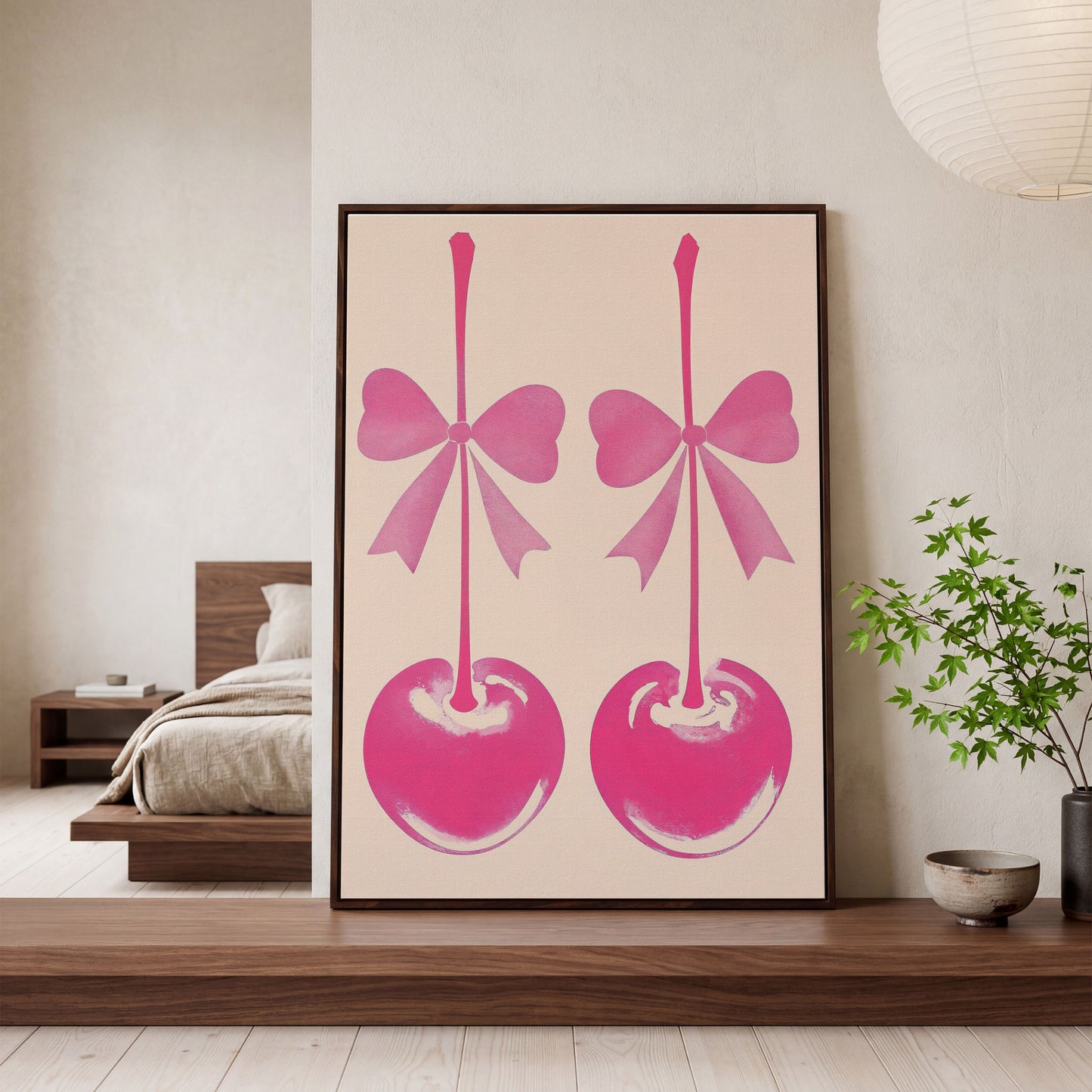 Pink Cherry with Bows Canvas Art in dark walnut floating frame