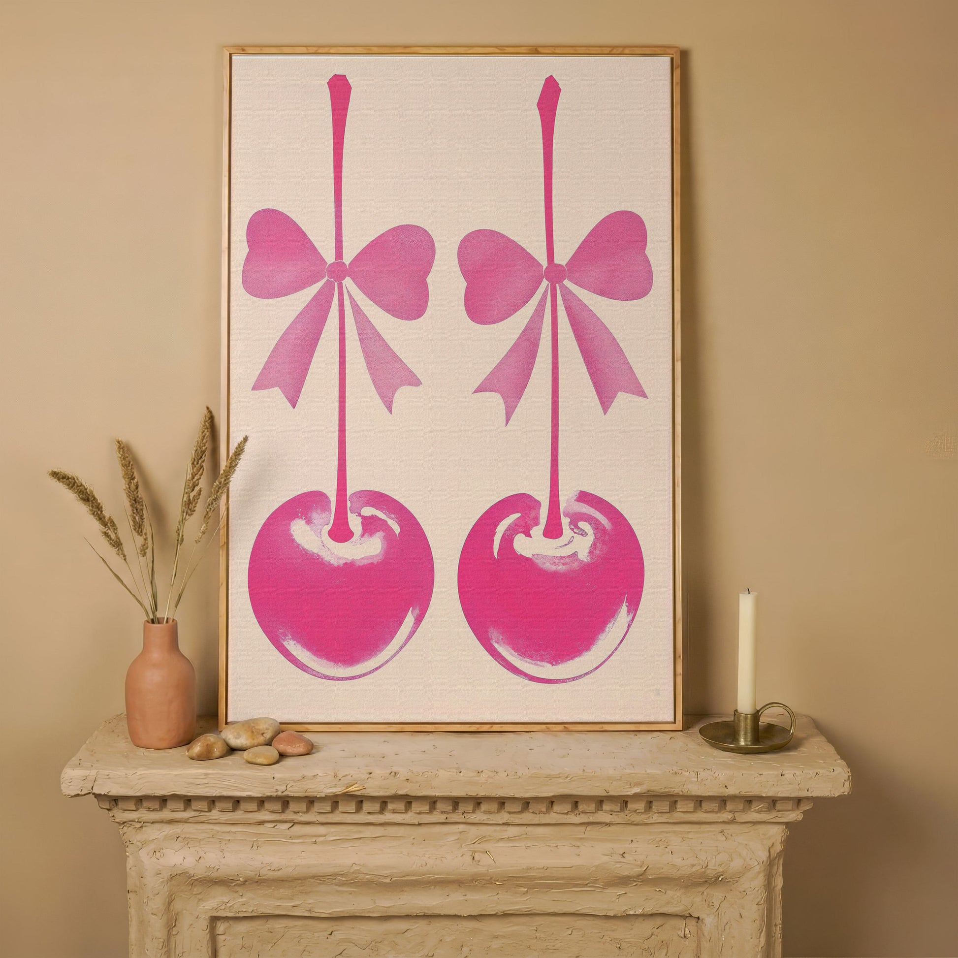 Pink Cherry with Bows Canvas Art in white oak floating frame