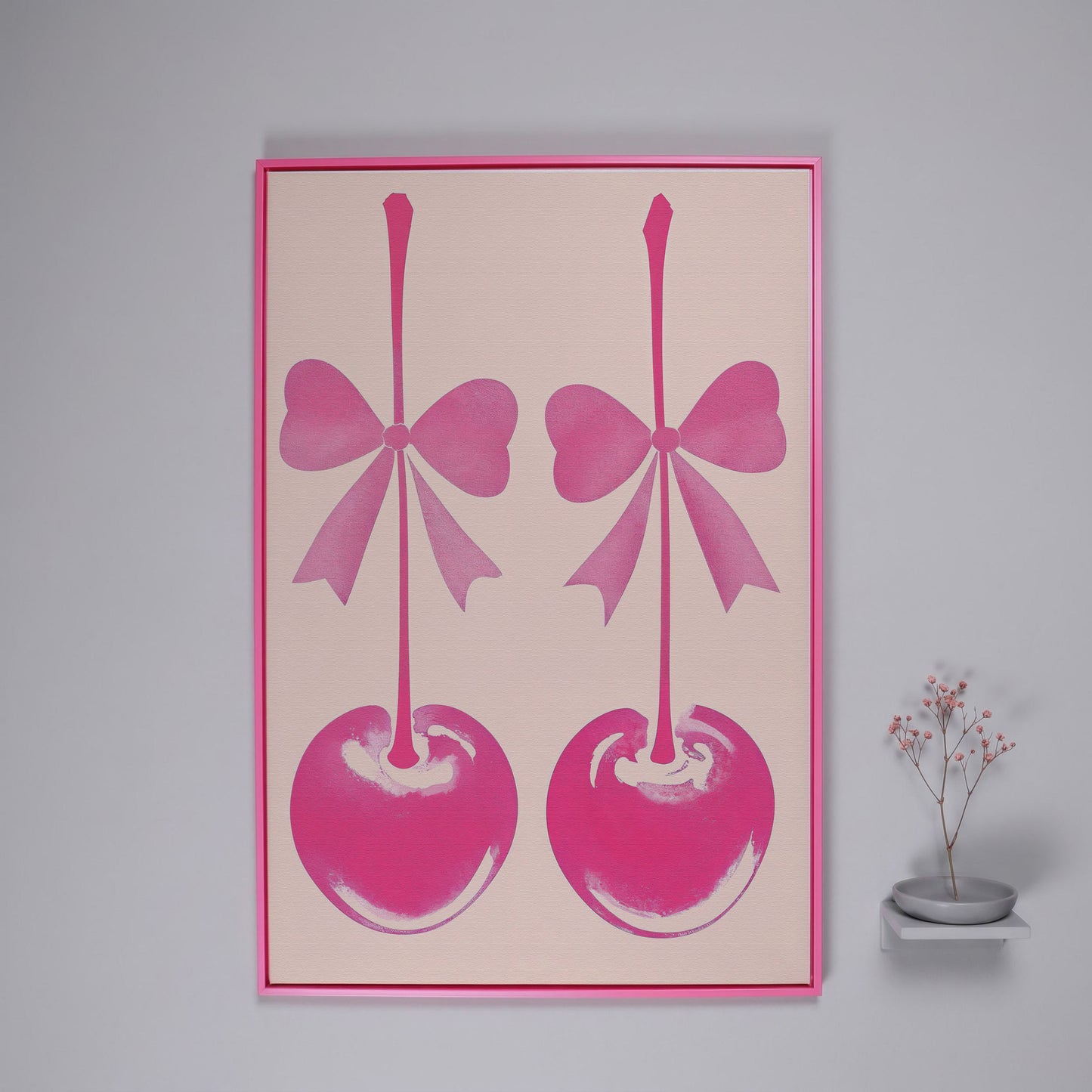 Pink Cherry with Bows Canvas Art in pink floating frame