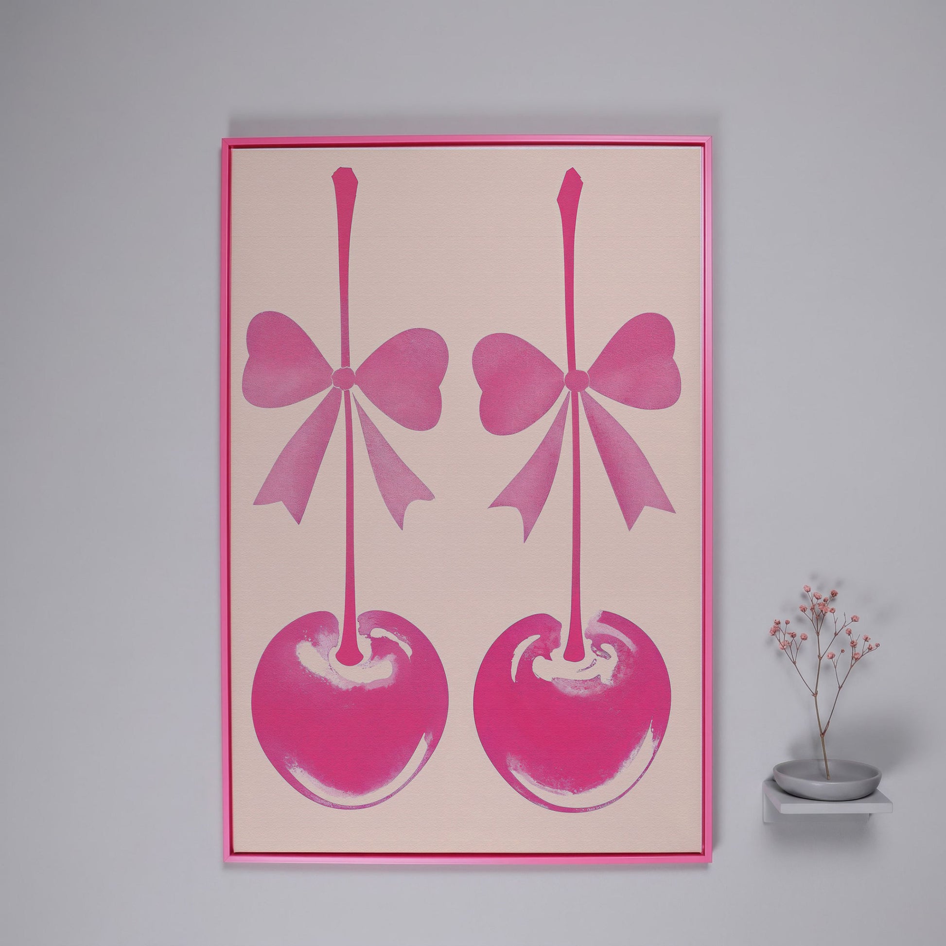 Pink Cherry with Bows Canvas Art in pink floating frame