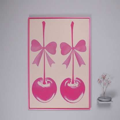 Pink Cherry with Bows Canvas Art in pink floating frame