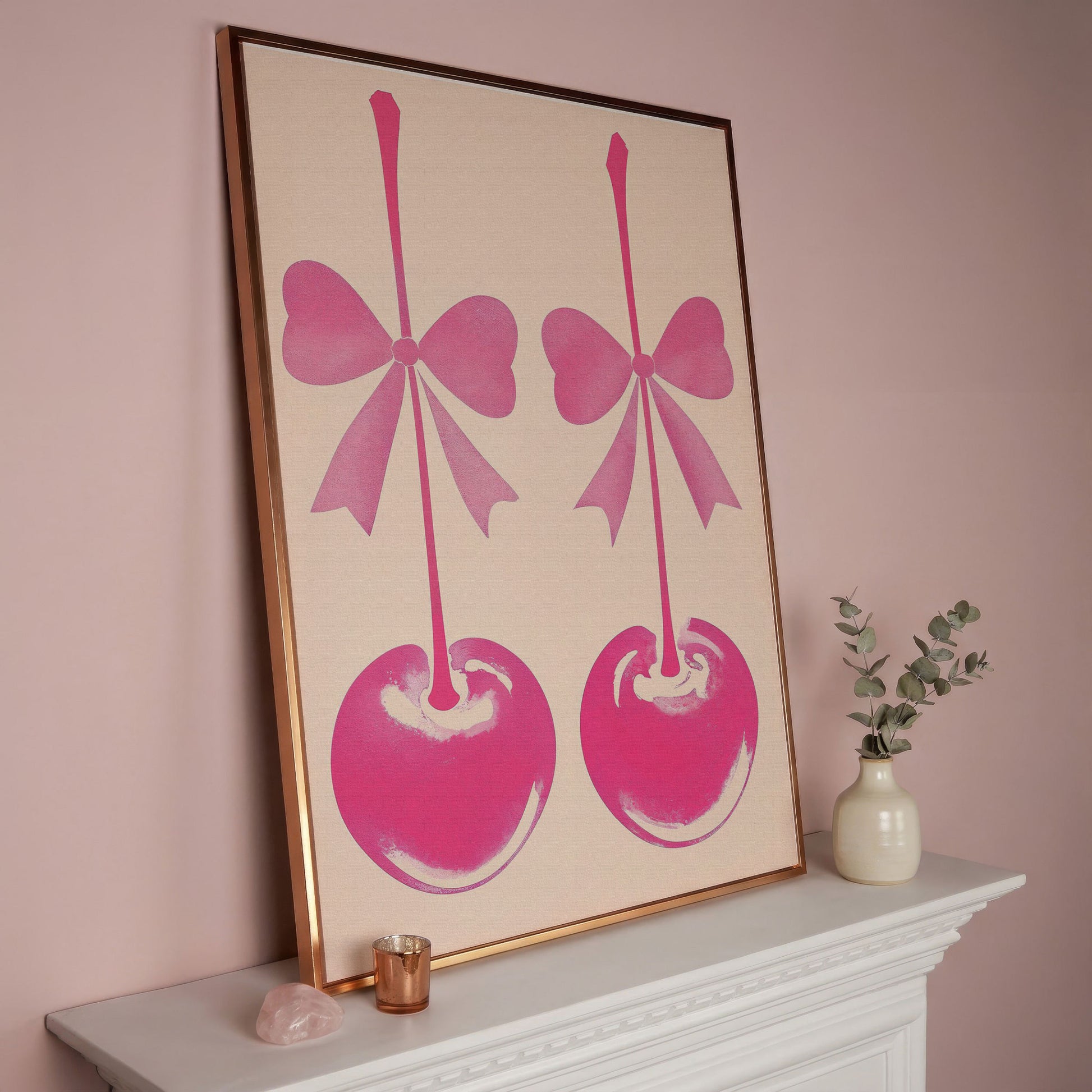Pink Cherry with Bows Canvas Art in rose gold floating frame