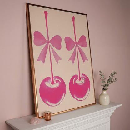 Pink Cherry with Bows Canvas Art in rose gold floating frame