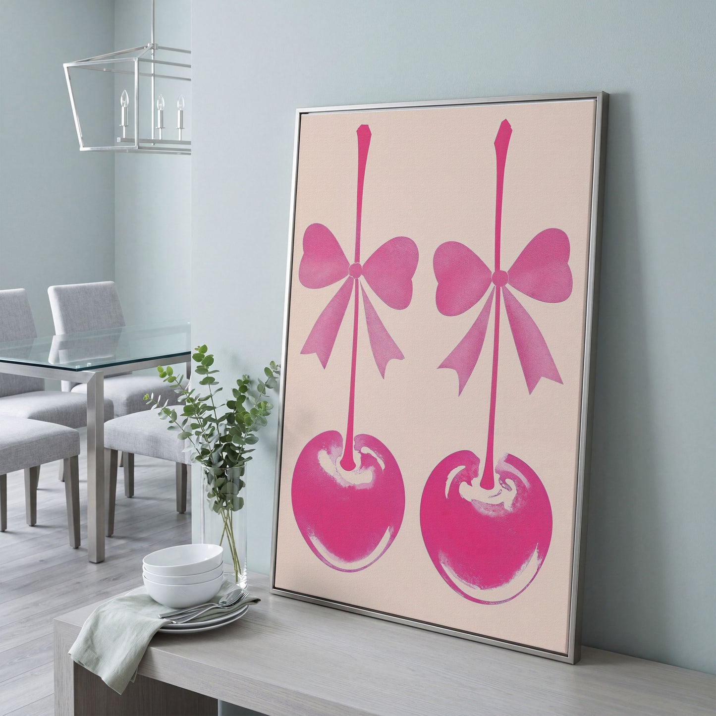 Pink Cherry with Bows Canvas Art in silver floating frame