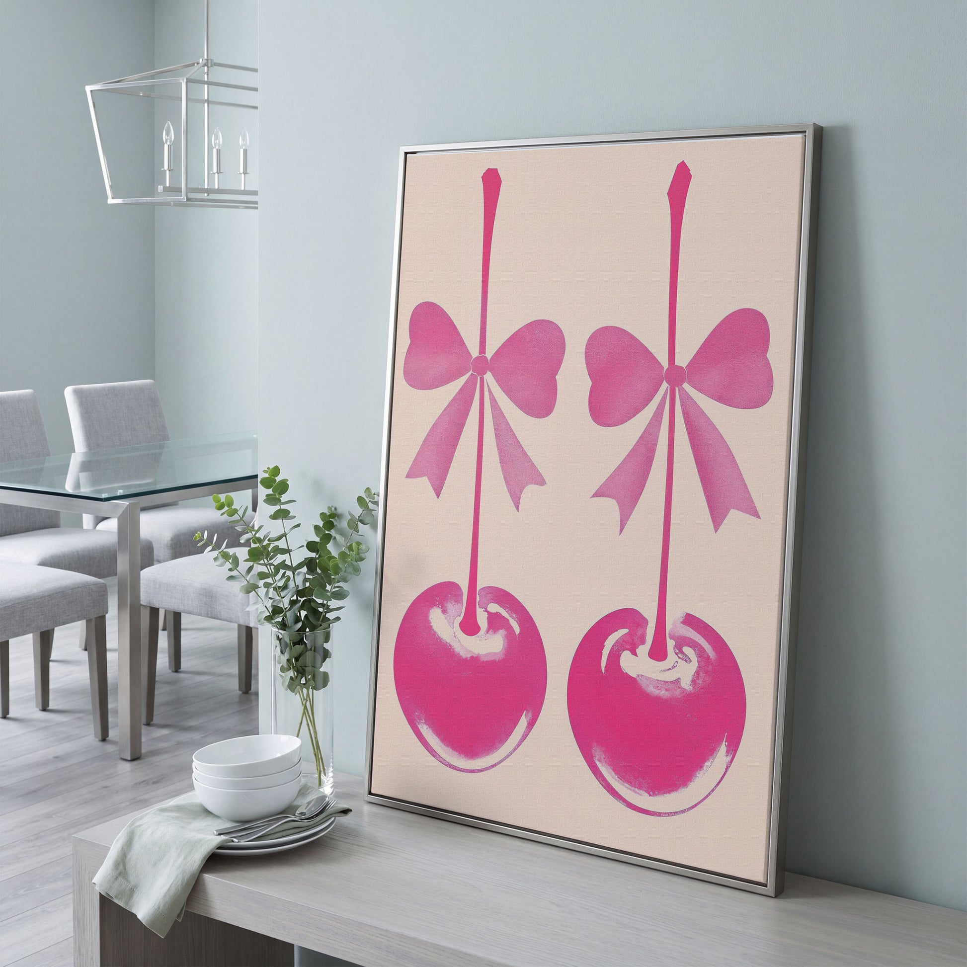 Pink Cherry with Bows Canvas Art in silver floating frame