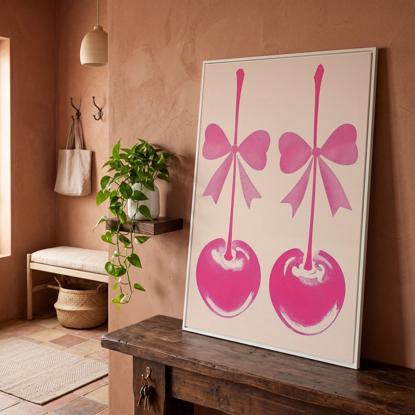 Pink Cherry with Bows Canvas Art in white floating frame