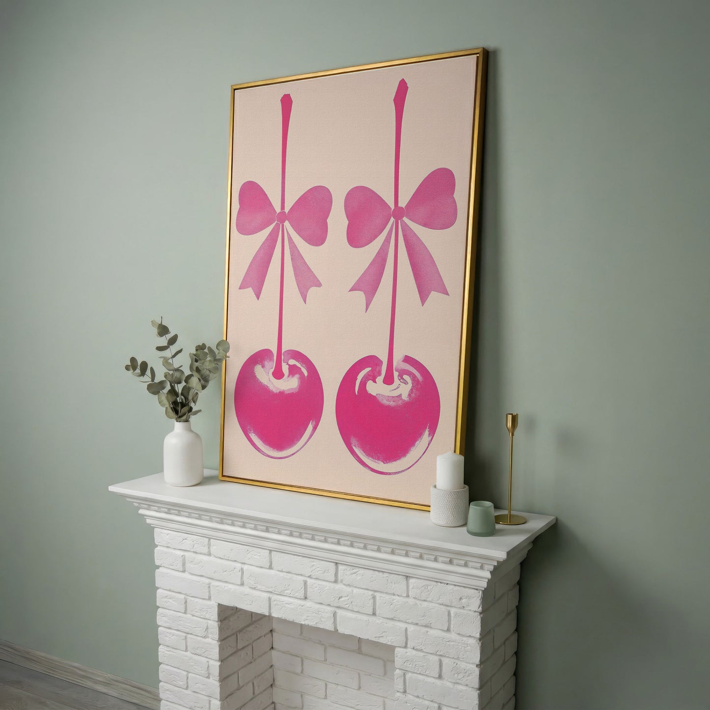 Pink Cherry with Bows Canvas Art in yellow gold floating frame