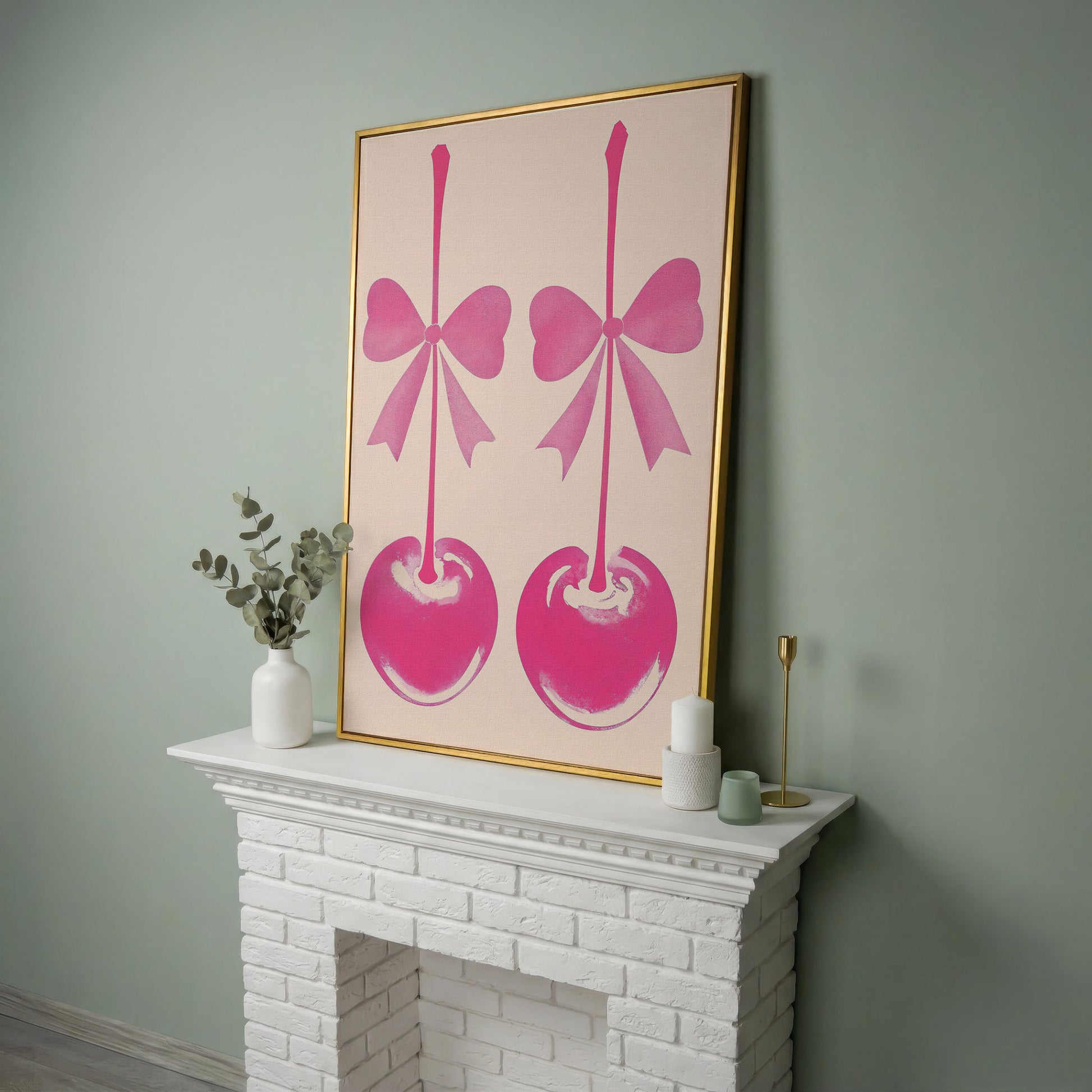 Pink Cherry with Bows Canvas Art in yellow gold floating frame