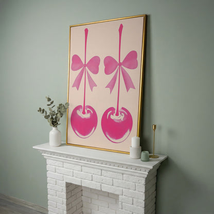 Pink Cherry with Bows Canvas Art in yellow gold floating frame